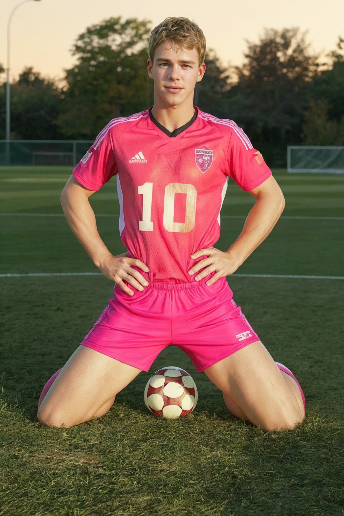 kneeling, <lora:sebastian_bonnet-06:1> seb, dressed in a professional pink soccer uniform, soccer field, grass, athleticis...